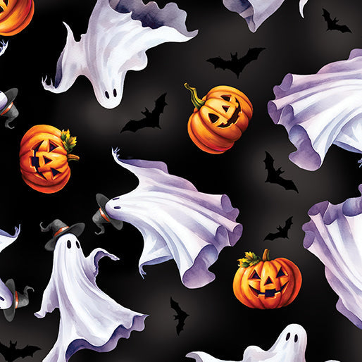 Ghostly Parade Black Cotton 44"/45" Fabric Per Yard