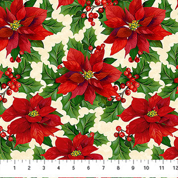 Deck The Halls Poinsettia Beige Multi 44"/45" Cotton Fabric Per Yard