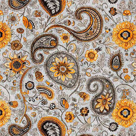 Grey Sunflower Serenade Paisley Cotton 44/45 Fabric Per Yard