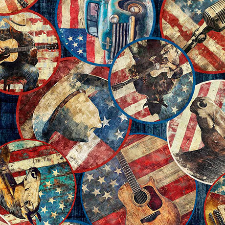American Country Vignettes Navy 44"/45" Cotton Fabric Per Yard