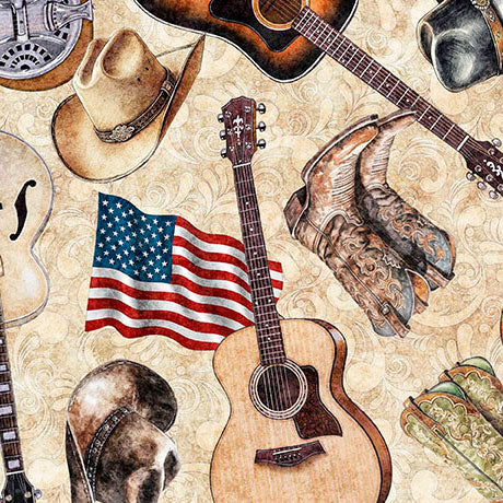 American Country Guitars Tan 44"/45" Cotton Fabric Per Yard