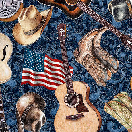 American Country Guitars Navy 44"/45" Cotton Fabric Per Yard