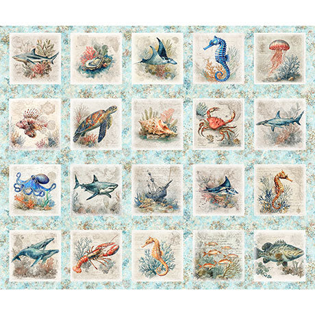 NAUTICUS SEA CREATURES PICTURE PATCHES LT AQUA 44"/45" Cotton Fabric Per Yard