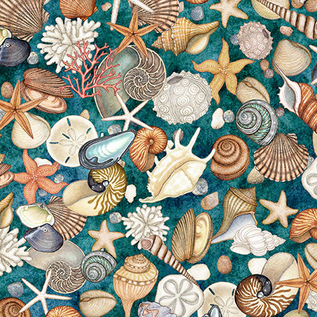 NAUTICUS SHELLS TEAL 44"/45" Fabric Per Yard