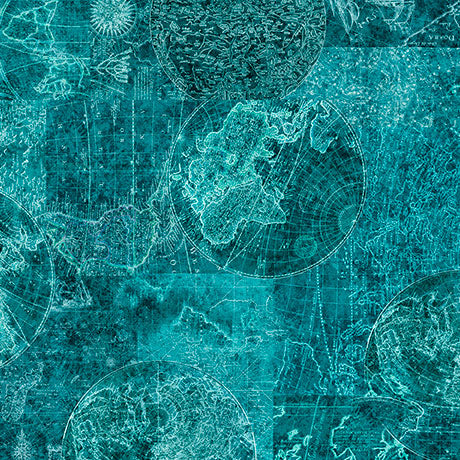 NAUTICUS MAP TONAL DK TURQUOISE 44"/45" Fabric Per Yard