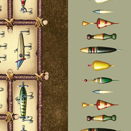 The Lure Of Fishing Fishing Border Stripe Sage Brown 44"/45" Cotton Fabric Per Yard