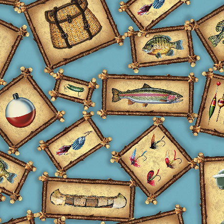 The Lure Of Fishing Fishing Patches Blue 44"/45" Cotton Fabric Per Yard