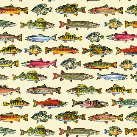 The Lure Of Fishing Fish Set Buttercream 44"/45" Cotton Fabric Per Yard