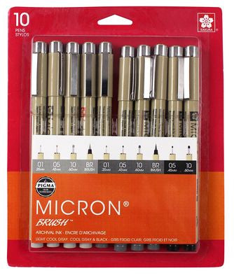 Pigma Micron Pen 10 Piece Set Gray and Black