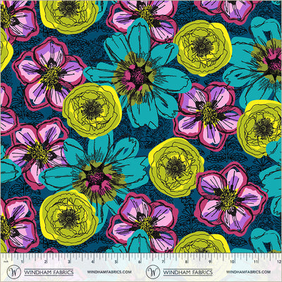 Winding Road Flower Fields Teal Cotton 44"/45" Fabric Per Yard