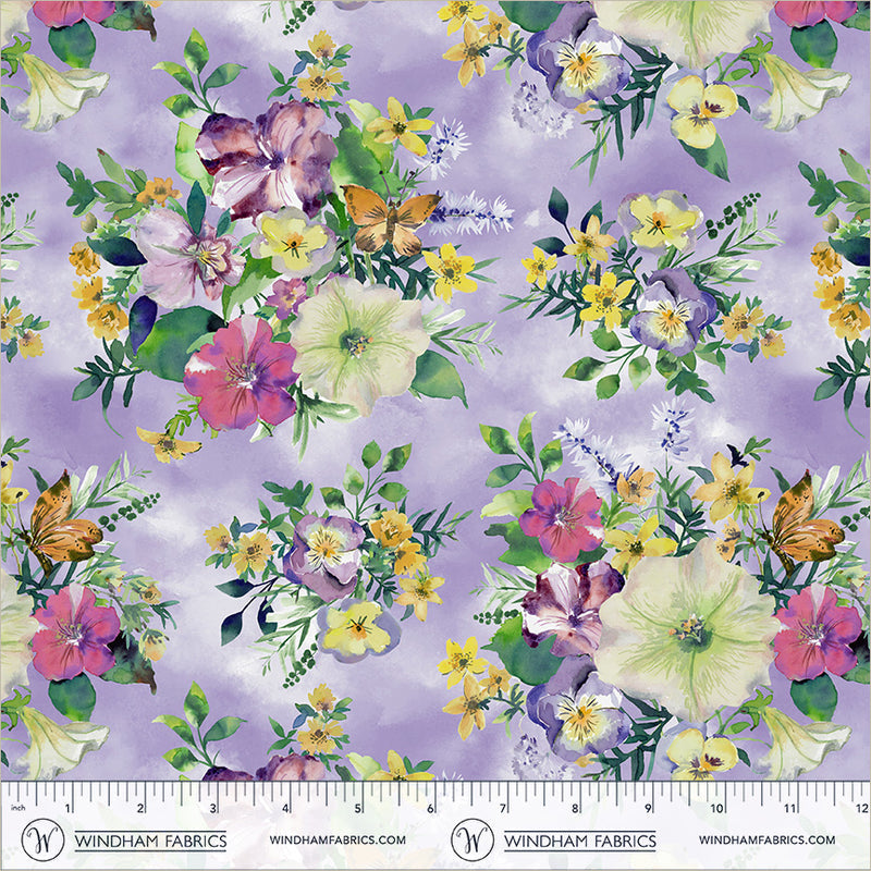 Violeta Pansy Bouquets Periwinkle 44"/45" Cotton Fabric Per Yard