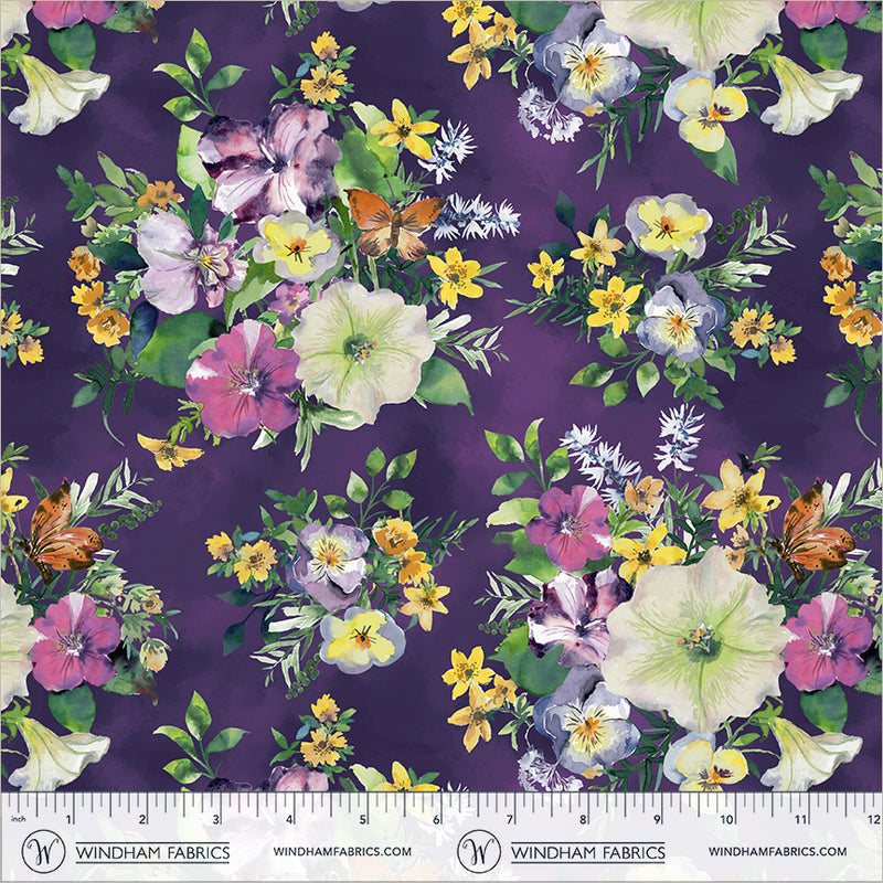 Violeta Pansy Bouquets Violet 44"/45" Cotton Fabric Per Yard