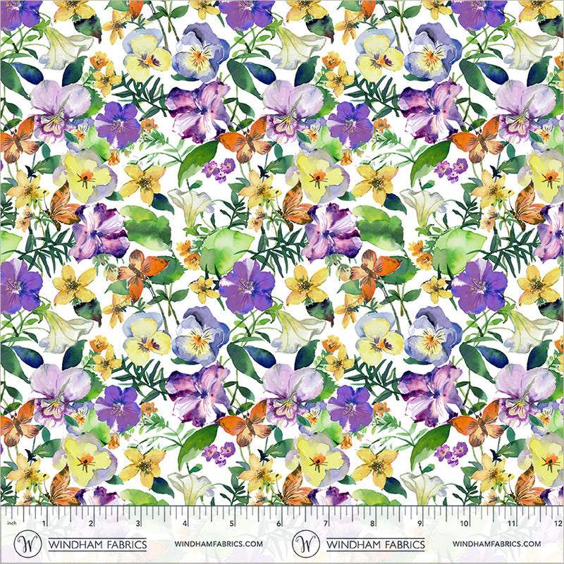 Violeta Garden Blooms White 44"/45" Cotton Fabric Per Yard