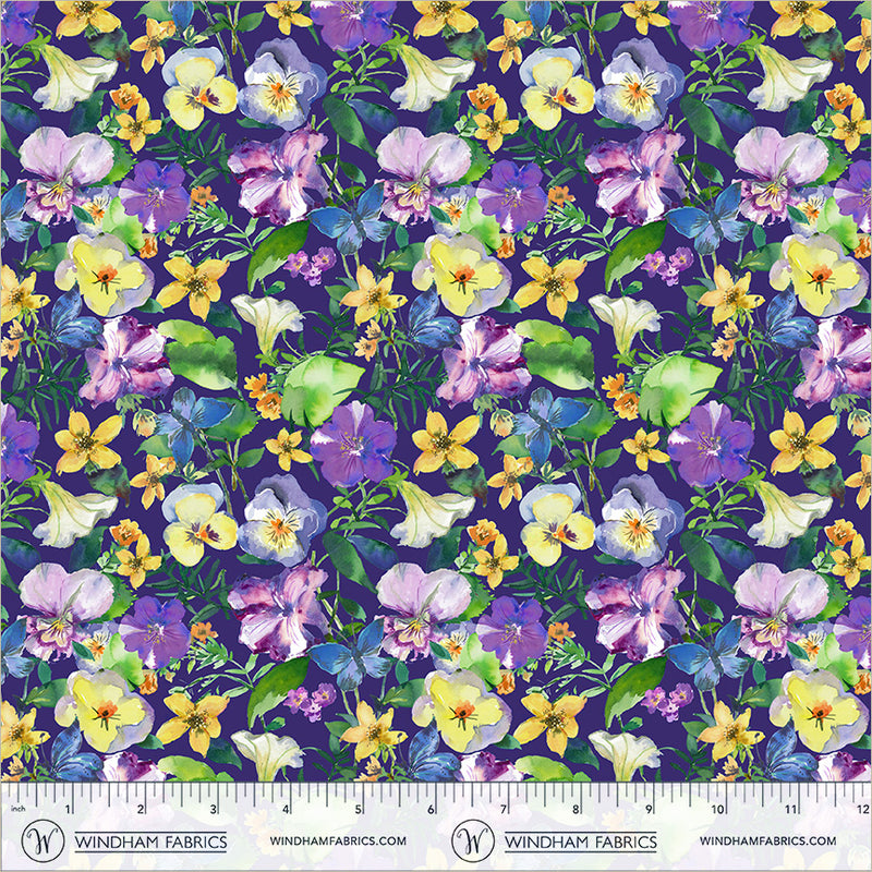 Violeta Garden Blooms Royal 44"/45" Cotton Fabric Per Yard
