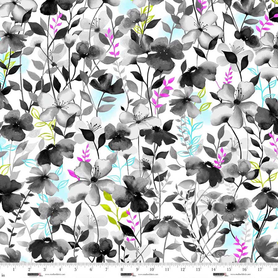 White Watercolor Floral 44"/45" Cotton Fabric Per Yard