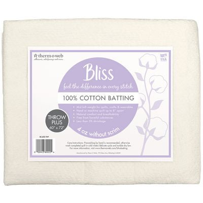 Bliss Batting 100% Cotton Throw Plus 60in x 72in