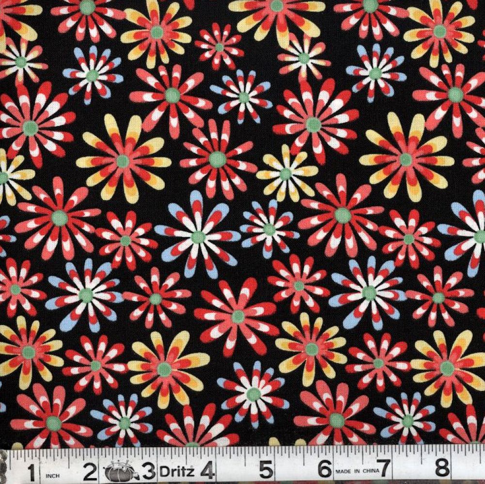 Black Flower Power 45" Wide Cotton Fabric Per Yard