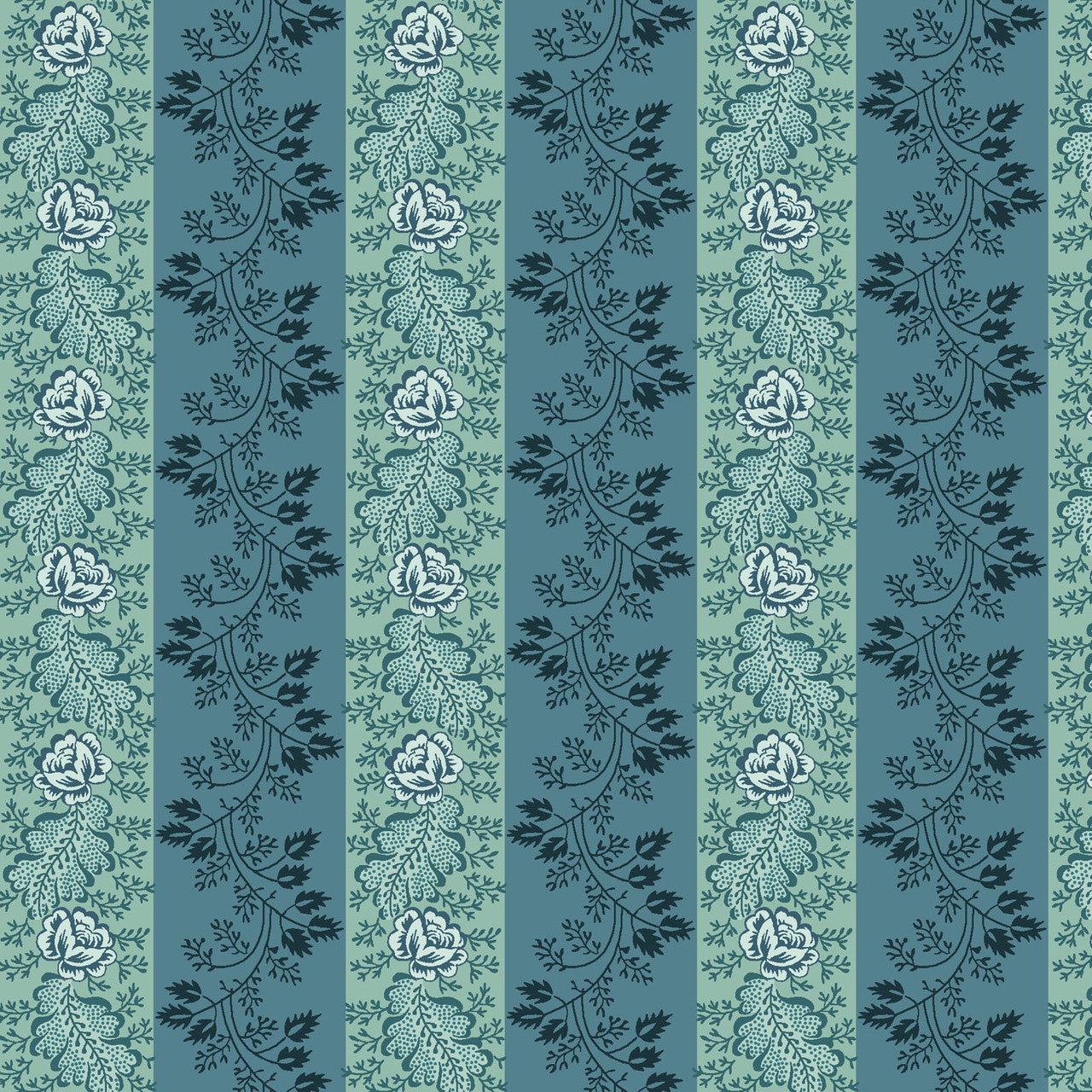 Blue Floral Awning Stripe Lost Gardens of Heligan Cotton 43"/44" Fabric Per Yard