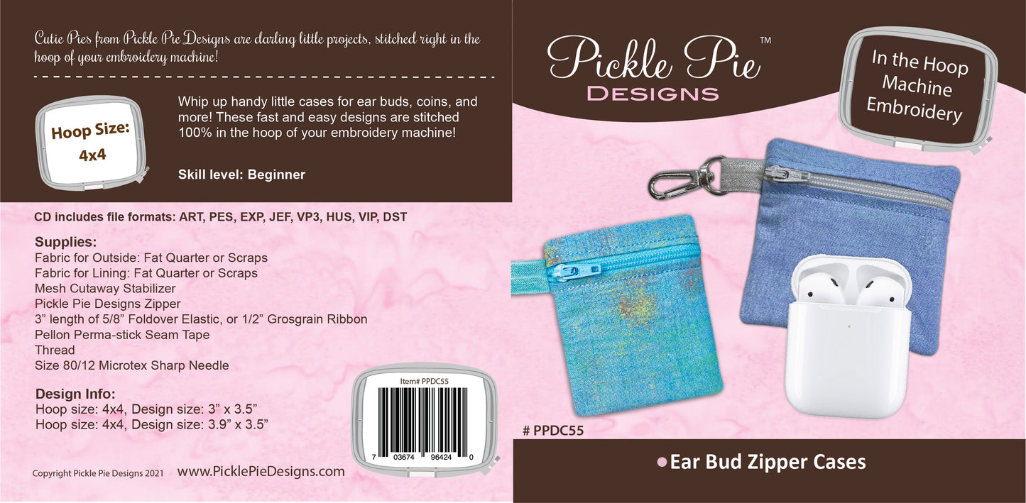 Ear Bud Zipper Cases In the Hoop Machine Embroidery Design Set
