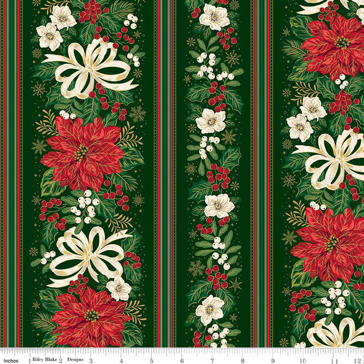 RB Border Stripe Green Foil - Poinsettias at Christmas