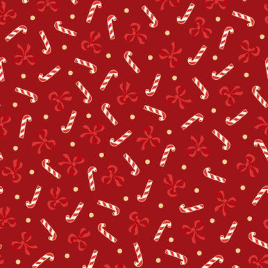 Candy Canes And Bows Metallic Red Merry Mix 43"/44" Cotton Fabric Per Yard