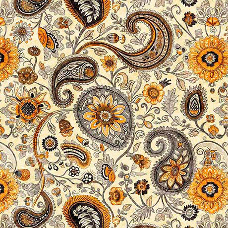 Cream Sunflower Serenade Paisley Cotton 44/45 Fabric Per Yard