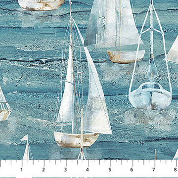 Smooth Sailing Large Sail Boats Medium Blue Multi 44"/45" Cotton Fabric Per Yard
