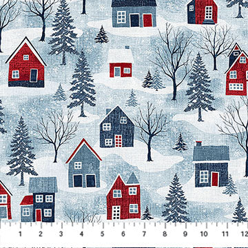 Village Folk Lt Blue Multi Big Houses 45" Flannel Cotton Fabric per yard