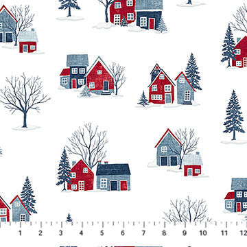 Village Folk White Small Houses 45" Flannel Cotton Fabric per yard