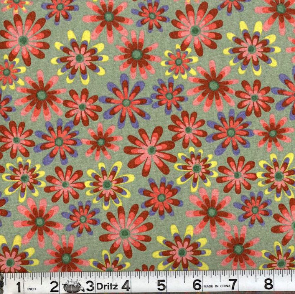 Green Flower Power 45" Wide Cotton Fabric Per Yard