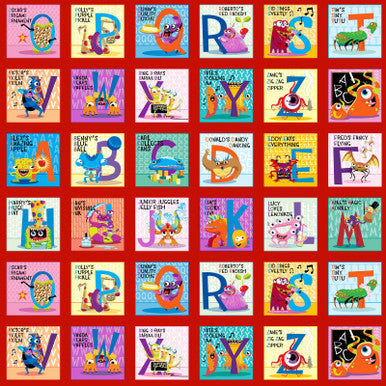 Red Multi My Silly Monster ABCs Blocks Cotton 43"/44" Fabric Per Yard