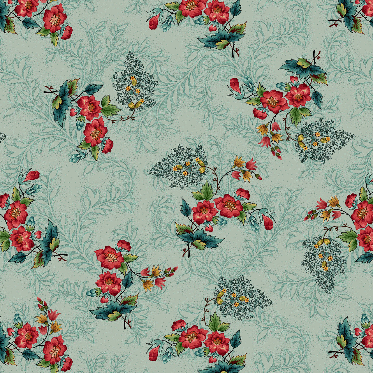 Light Teal Primrose Toss Lost Gardens of Heligan Cotton 43"/44" Fabric Per Yard