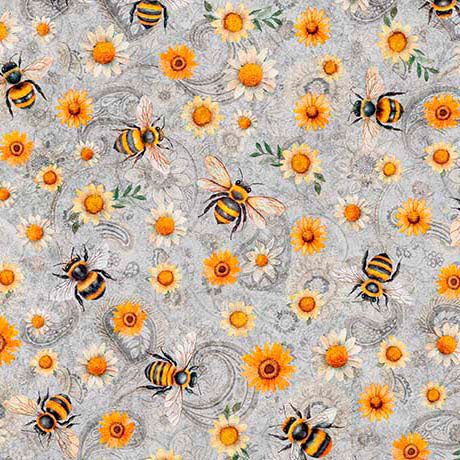 Light Grey Sunflower Serenade Sunflowers And Bumblebees Cotton 44/45 Fabric Per Yard