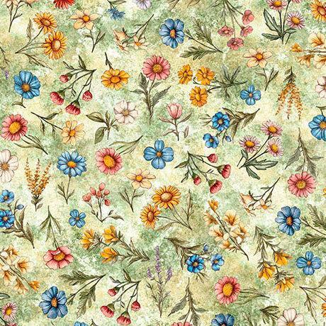 Lt Green Floral Toss Lil Farmers Cotton 44"/45" Fabric Per Yard