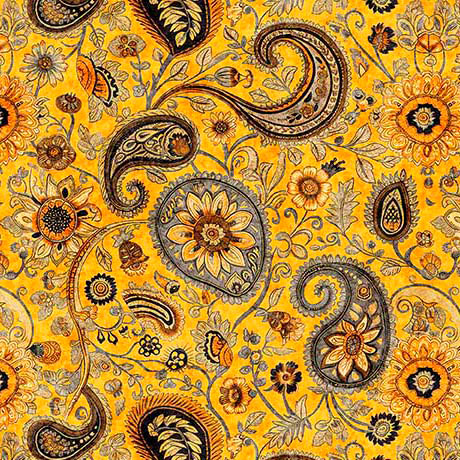 Mustard Sunflower Serenade Paisley Cotton 44/45 Fabric Per Yard