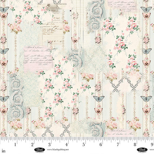 Parisian Snippets Digital Ecru Floral Lattices Cotton 44"/45" Fabric Per Yard