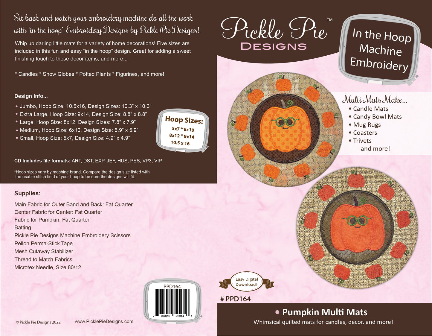Pumpkin Multi Mats In the Hoop Machine Embroidery Design Set