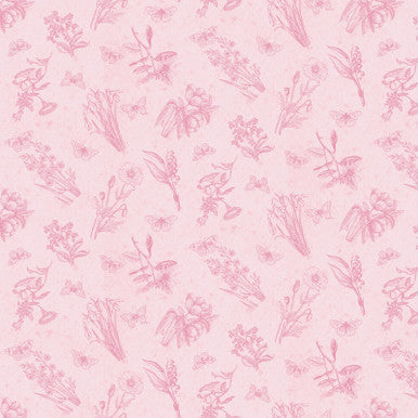 Pink Flower Sprigs Fluttering Florals Cotton 43"/44" Fabric Per Yard