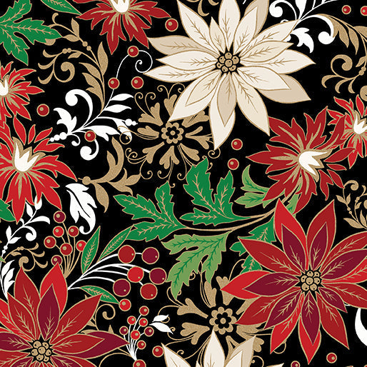 Poinsettia Jacobean Black Cotton 44"/45" Fabric Per Yard
