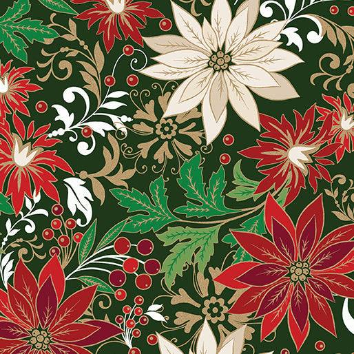 Poinsettia Jacobean Forest Green Cotton 44"/45" Fabric Per Yard