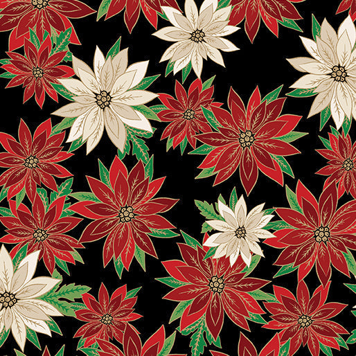 Poinsettias In Bloom Black Cotton 44"/45" Fabric Per Yard