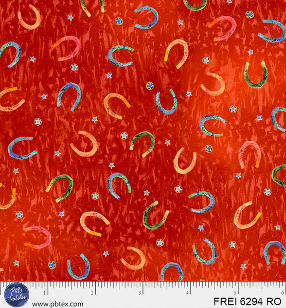 Red Free Rein Tossed Horseshoes 44"/45" Cotton Fabric Per Yard