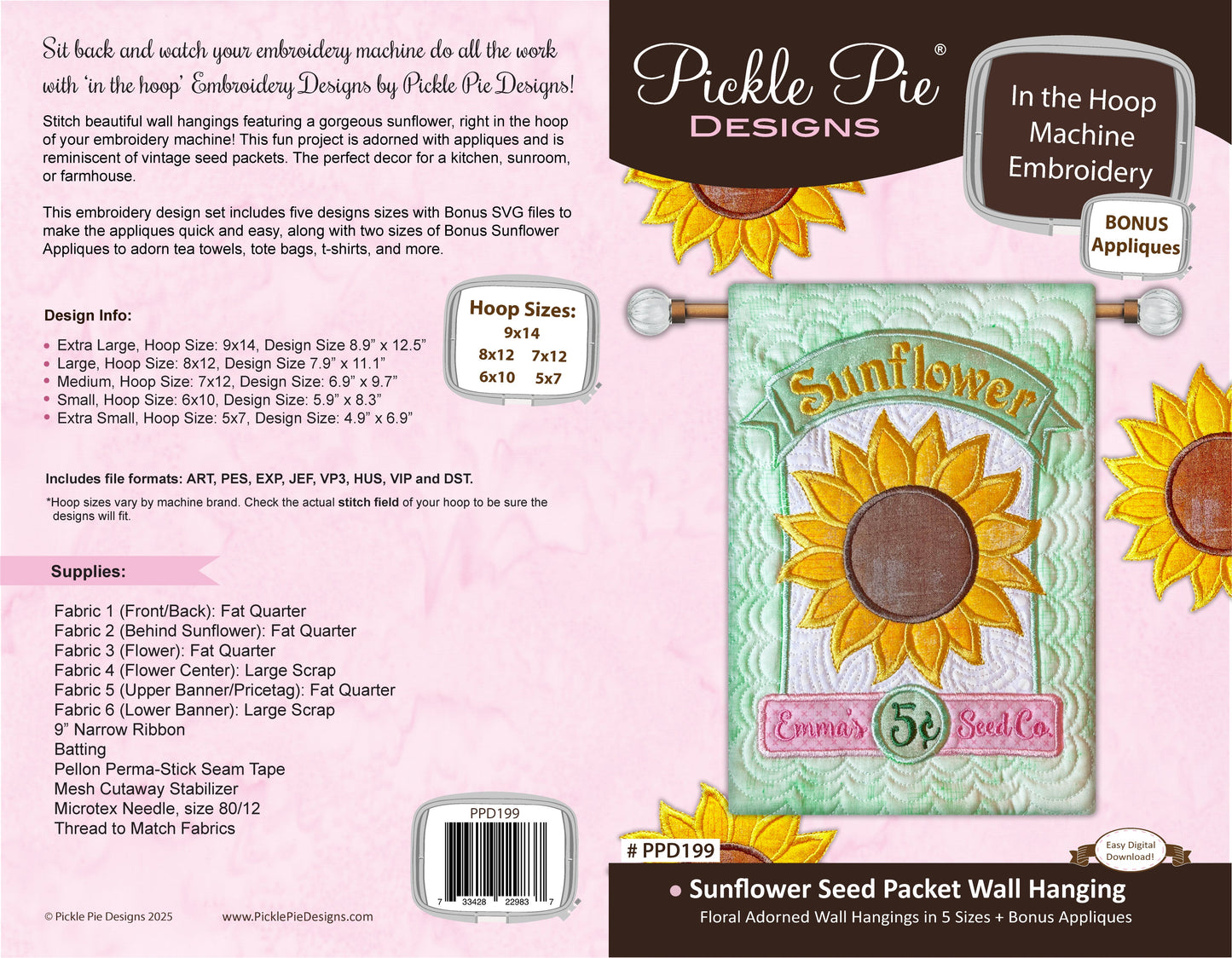 Sunflower Seed Packets Wall Hanging In the Hoop Embroidery Design