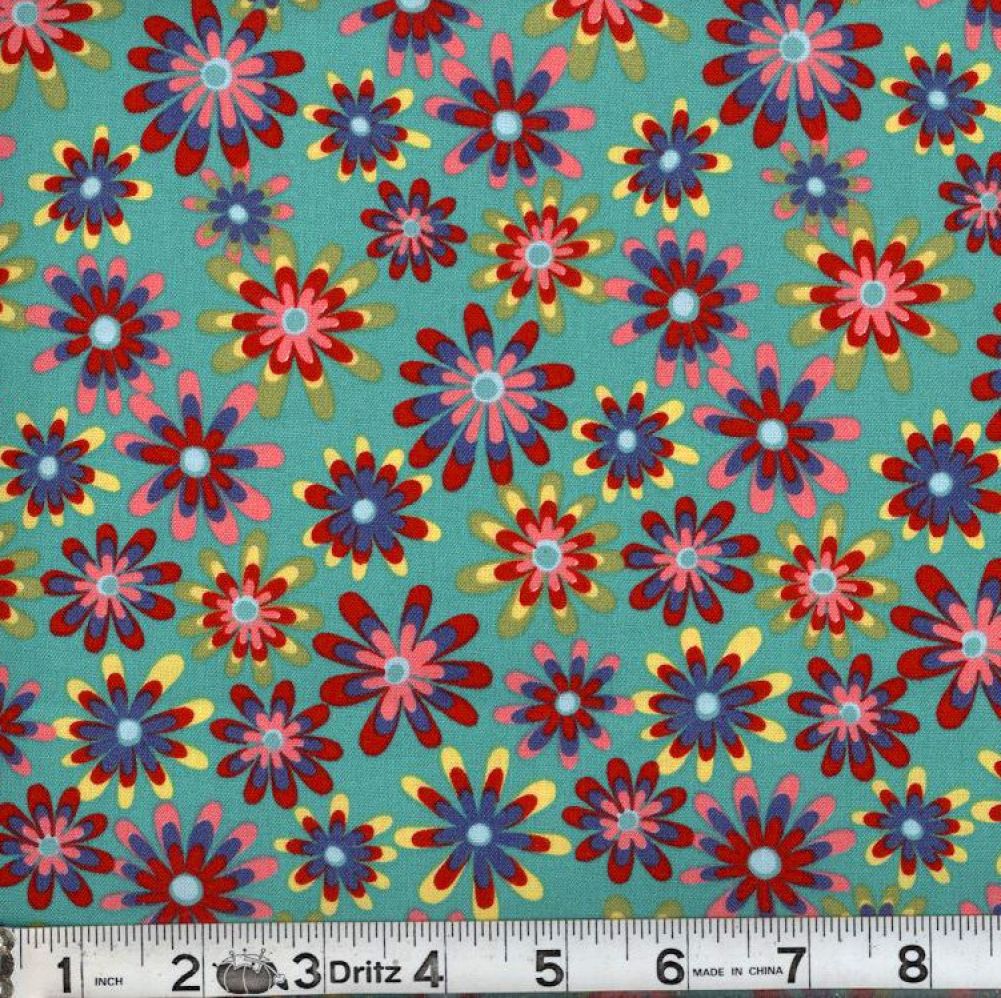 Turquoise Flower Power 45" Wide Cotton Fabric Per Yard