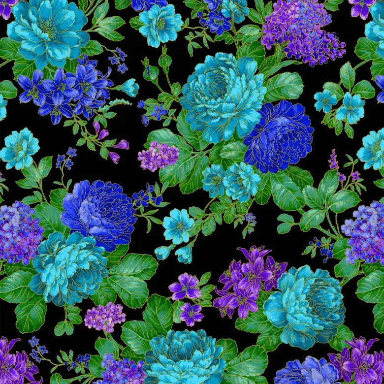 Black Opulent Bouquet Cotton Wideback Fabric (5/8 yard pack)