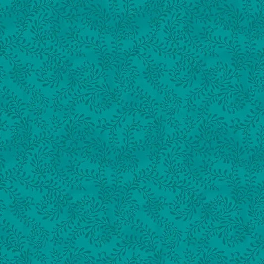 Green Teal Swirling Leaves Cotton Wideback Fabric per yard