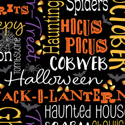 Ghostly Words Black Cotton 44"/45" Fabric Per Yard