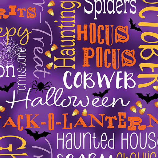 Ghostly Words Purple Cotton 44"/45" Fabric Per Yard