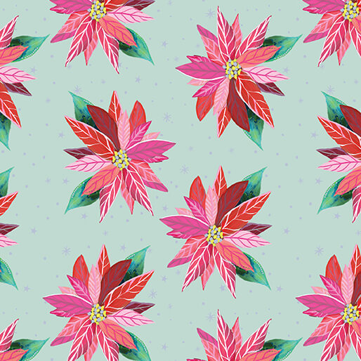 Painterly Poinsettia Light Turquoise Cotton 44"/45" Fabric Per Yard