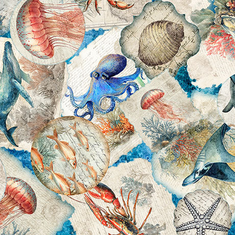 NAUTICUS SEA CREATURES OVERLAPPING PATCH OCEAN 44"/45" Cotton Fabric Per Yard
